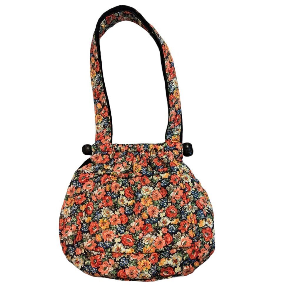 Vintage Wooden Handle Bag Fabric Bermuda Bag Floral‎ Boho MCM Cottage Core